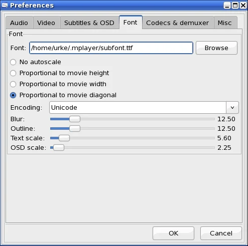 GMplayer Font Config, step 1