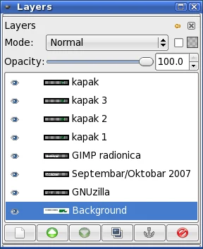GIMP: распоређени слојеви на дијалогу Layers