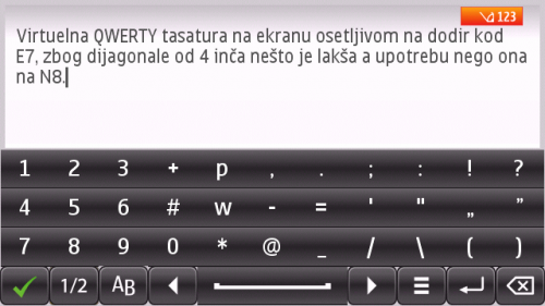 Nokia E7: виртуелна QWERTY тастатура - бројеви и знакови