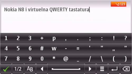 Nokia N8: виртуелна QWERTY тастатура - бројеви и знаци