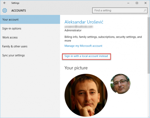 Windows 10: Accounts: Your account