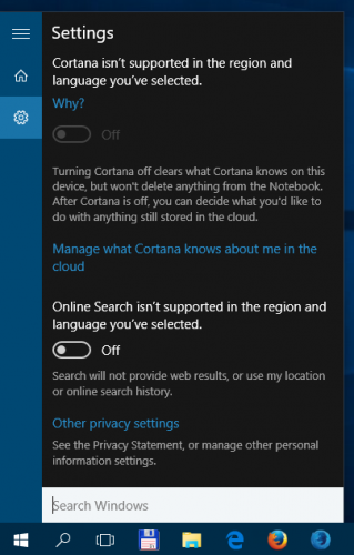Windows 10: Cortana and Search settings