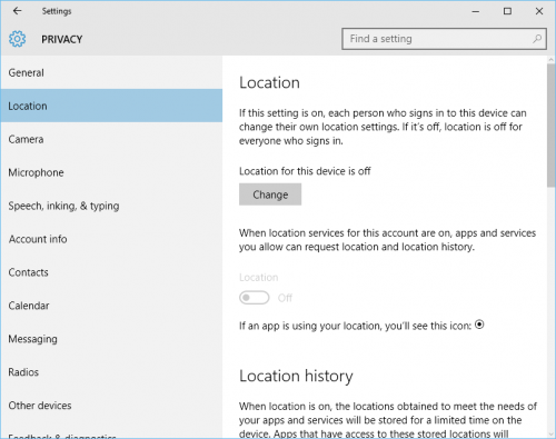 Windows 10: Privacy: Location