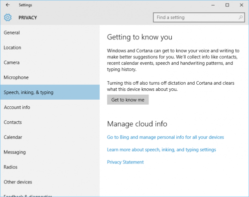Windows 10: Privacy: Speech, inking, & typing